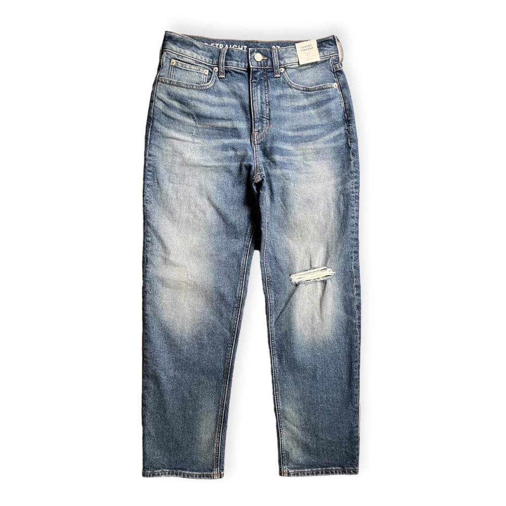 NWT J. Crew Classic Straight Distressed Medium Wash Denim Jeans, sz 27